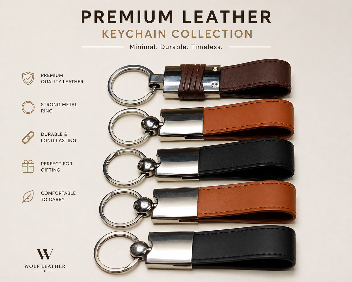 Wolf Leather Classic Brown Leather Keychain – Premium Metal Key Ring