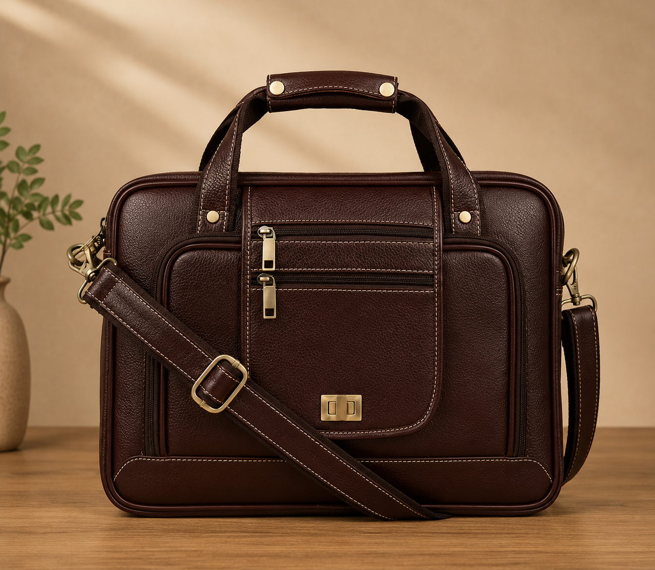 A dark brown textured leather briefcase with gold-tone hardware, featuring dual top handles, a front zippered pocket, and an adjustable shoulder strap, displayed on a wooden surface against a warm beige background.
