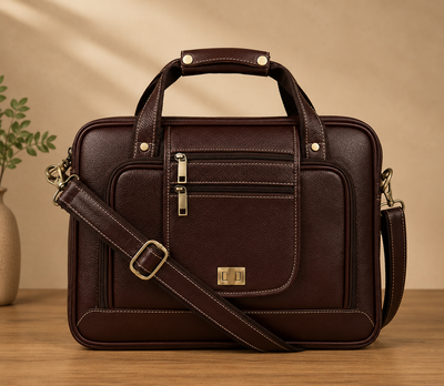A dark brown textured leather briefcase with gold-tone hardware, featuring dual top handles, a front zippered pocket, and an adjustable shoulder strap, displayed on a wooden surface against a warm beige background.