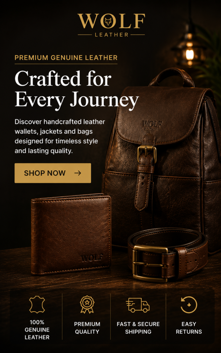 Wolf Leather promotional banner featuring a brown leather backpack, matching wallet, belt, and a small leather accessory arranged on a dark wooden surface. Large text reads 'Crafted for Every Journey' with a 'SHOP NOW' button, and the Wolf Leather brand name appears at the top.